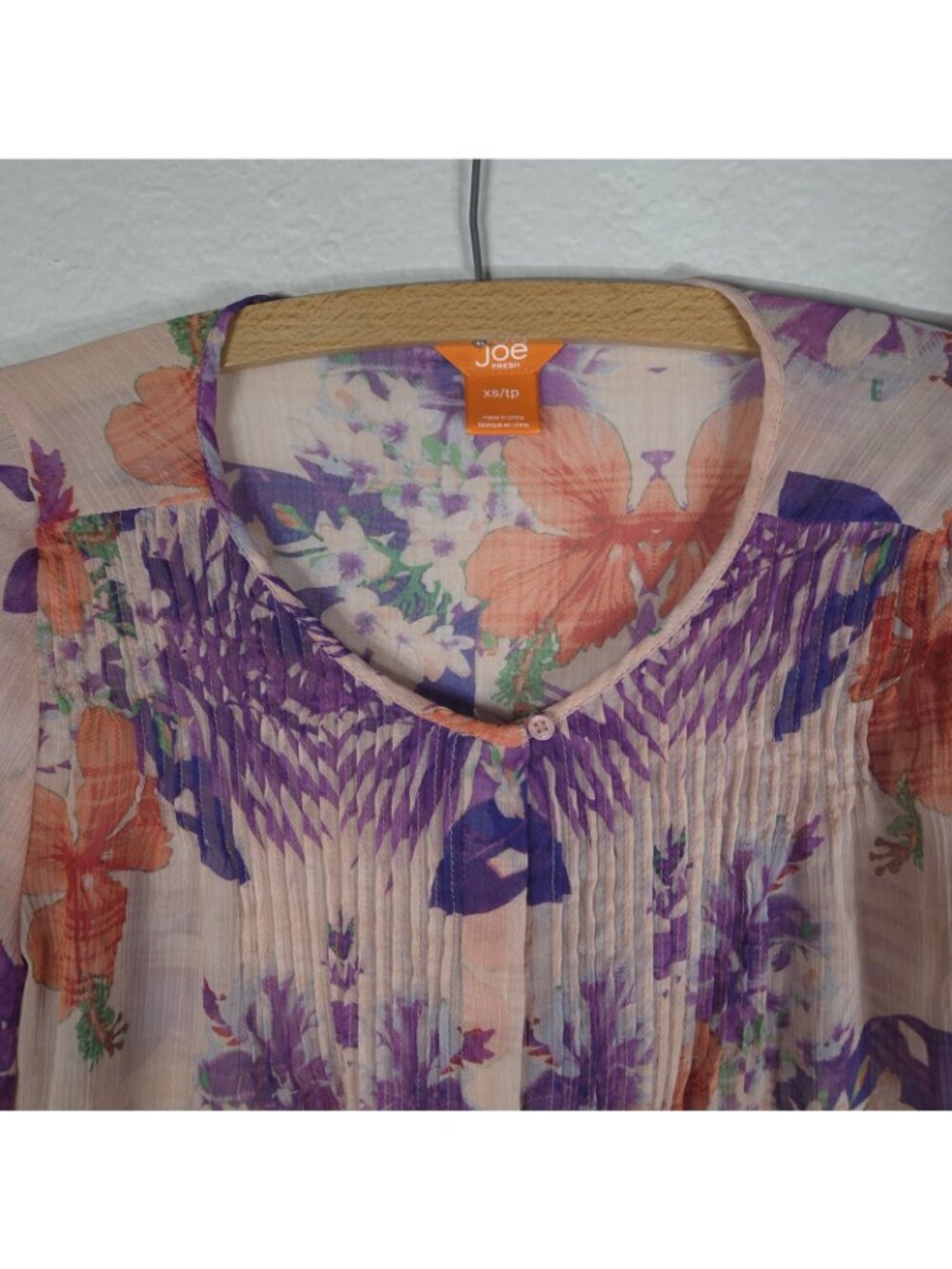 Joe Fresh Button Up Sheer Blouse Top Women's Size XS Floral Pleated Front - Picture 4 of 15